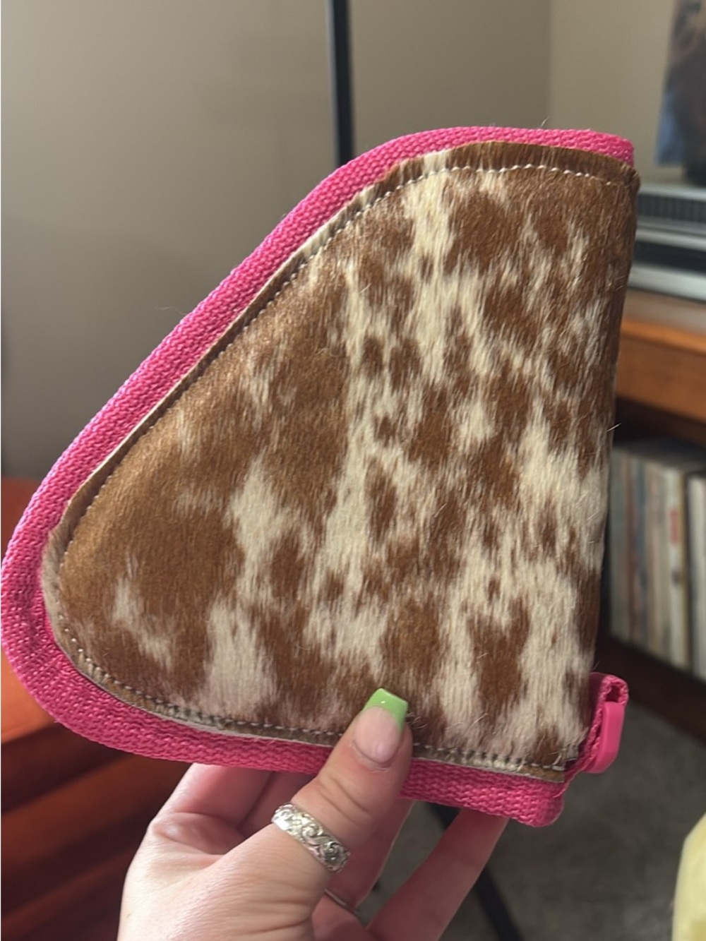 Pink-Trim Brown & White Cowhide Coin Pouch